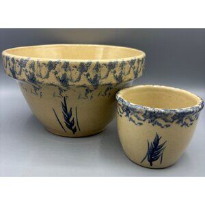 Robinson Ransbottom Roseville Blue Spongeware Mixing Bowl Set Wheat